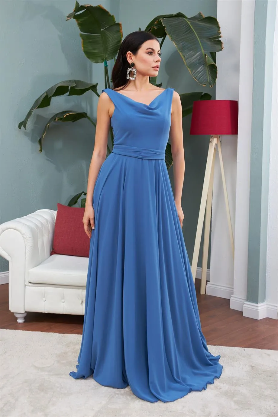 Angelino Indigo Chiffe Degage Collar Long Evening Dress and Invitation Dress