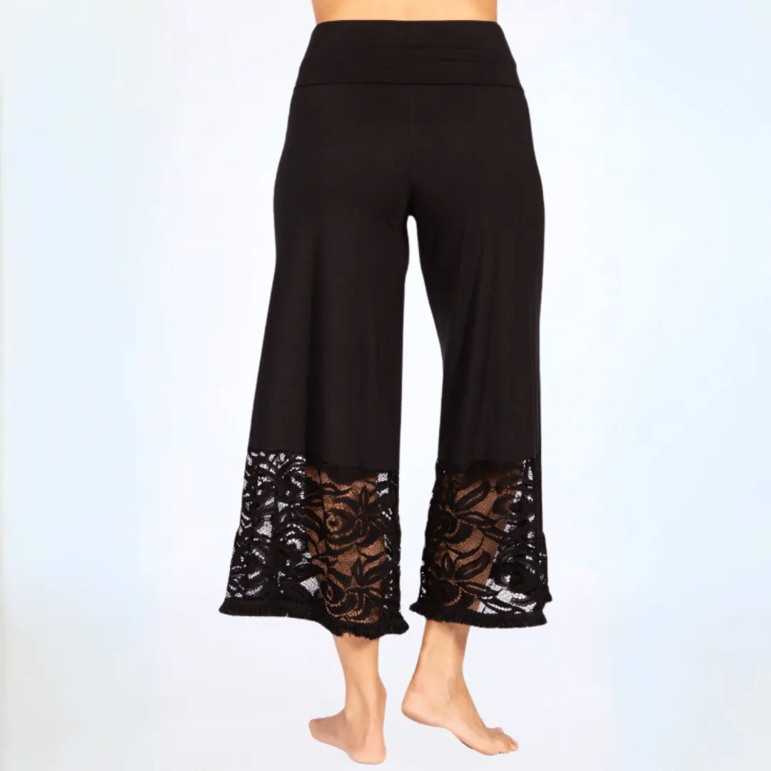 Black Lace Hem Wide Leg Pants Made in USA Plus Size