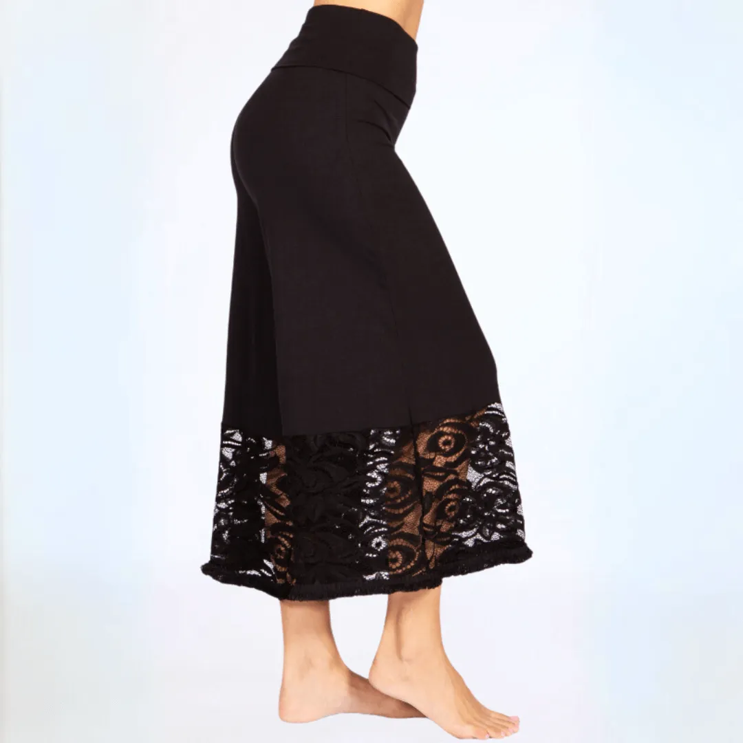 Black Lace Hem Wide Leg Pants Made in USA Plus Size