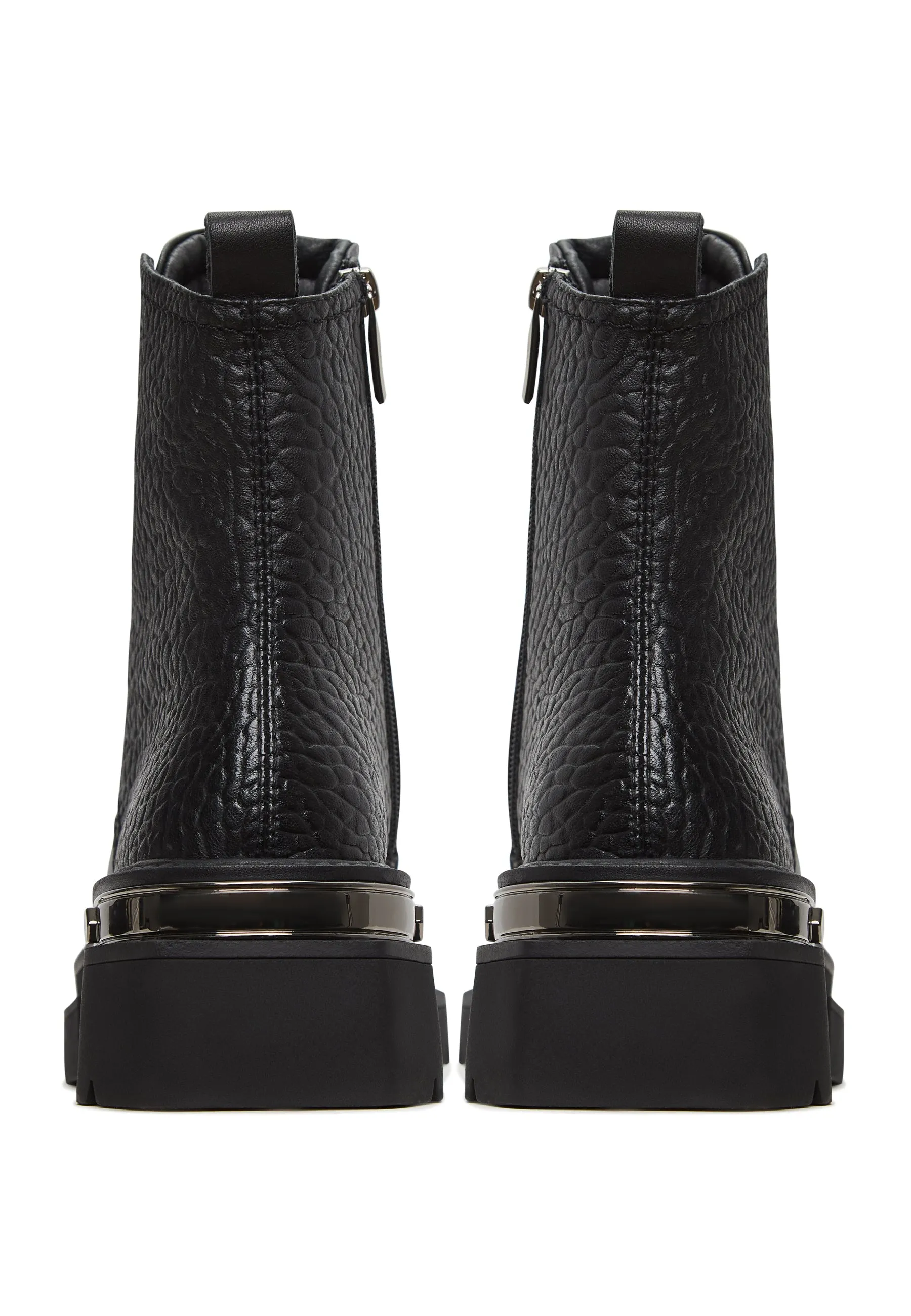 Black Textured Leather Combat Boots with Metal Accents