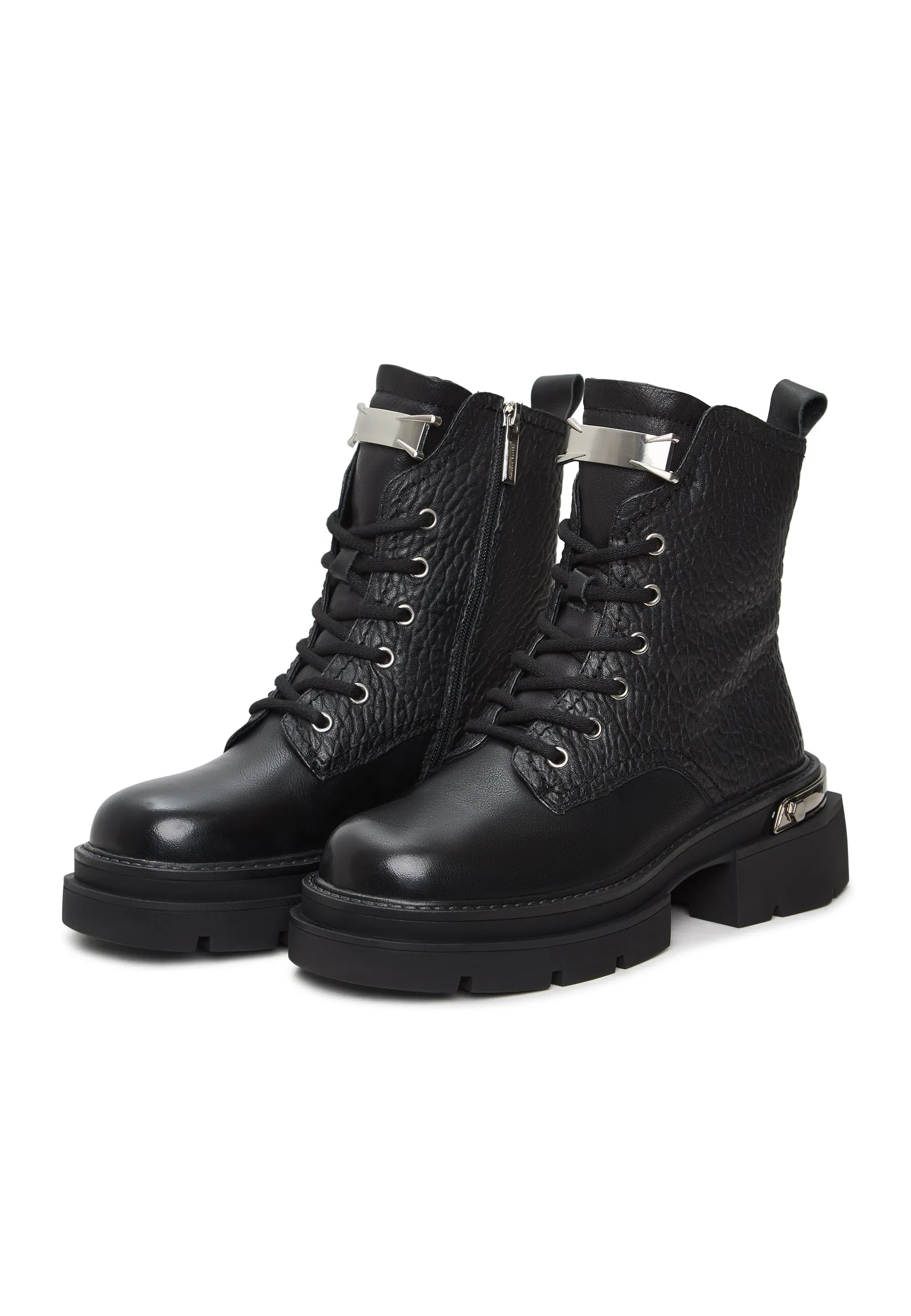 Black Textured Leather Combat Boots with Metal Accents