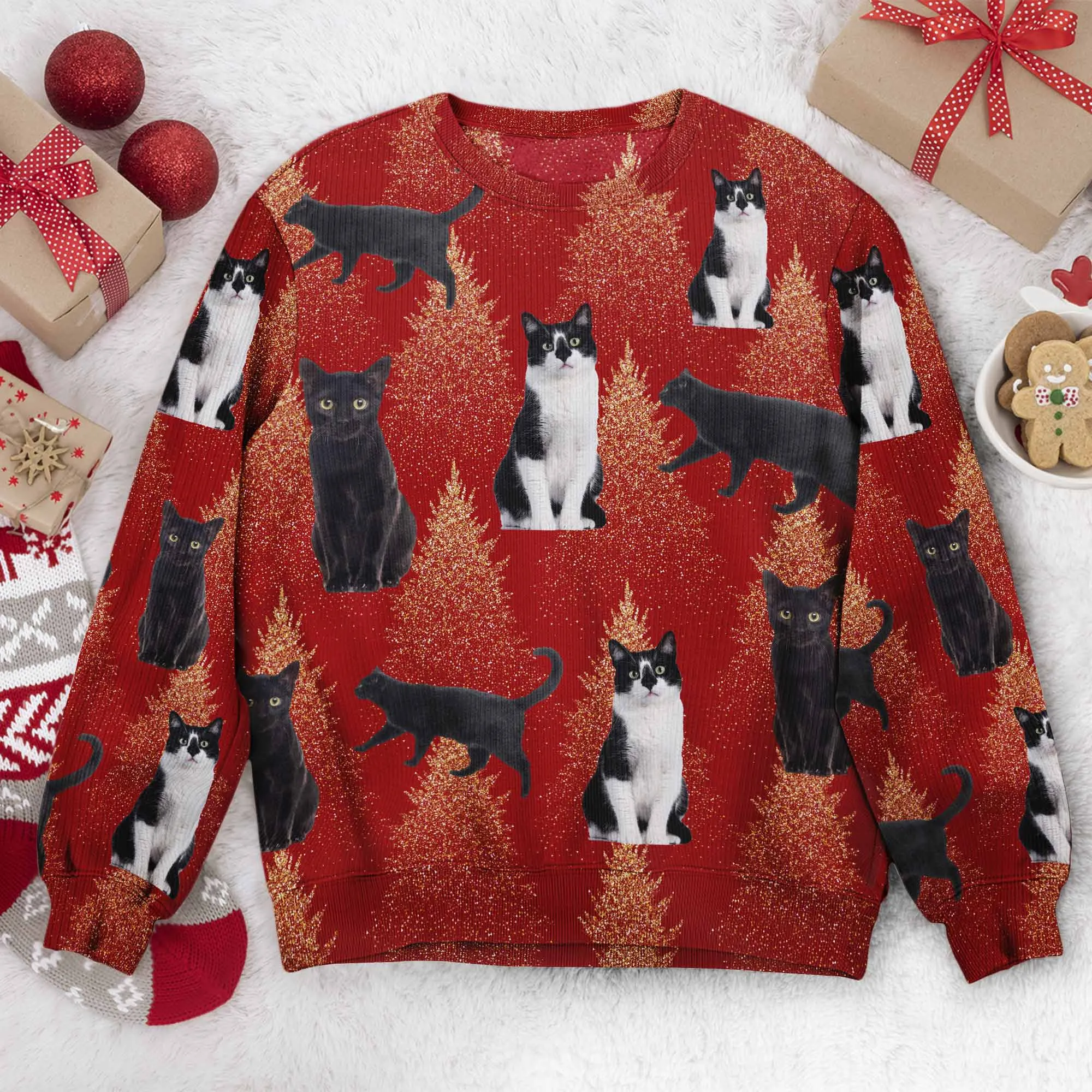 Custom Photo Black Cats Family, Pets, Friend Red Christmas - Personalized Photo Ugly Sweater