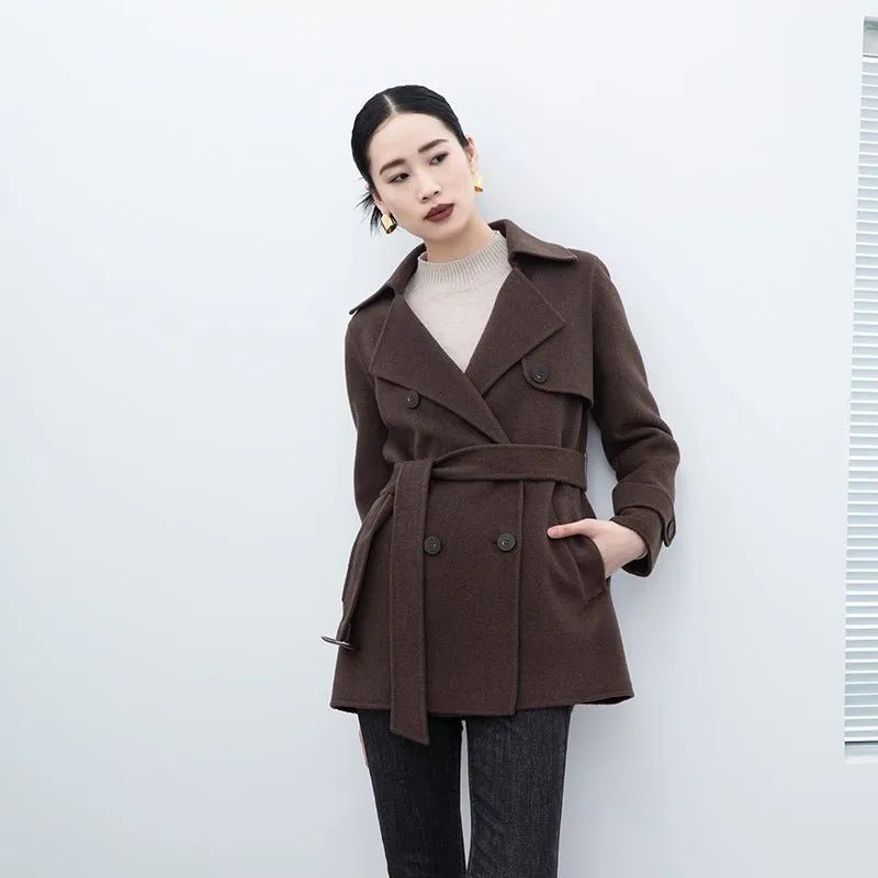 Dark Brown Short Belted Lapel Wool Winter Coat