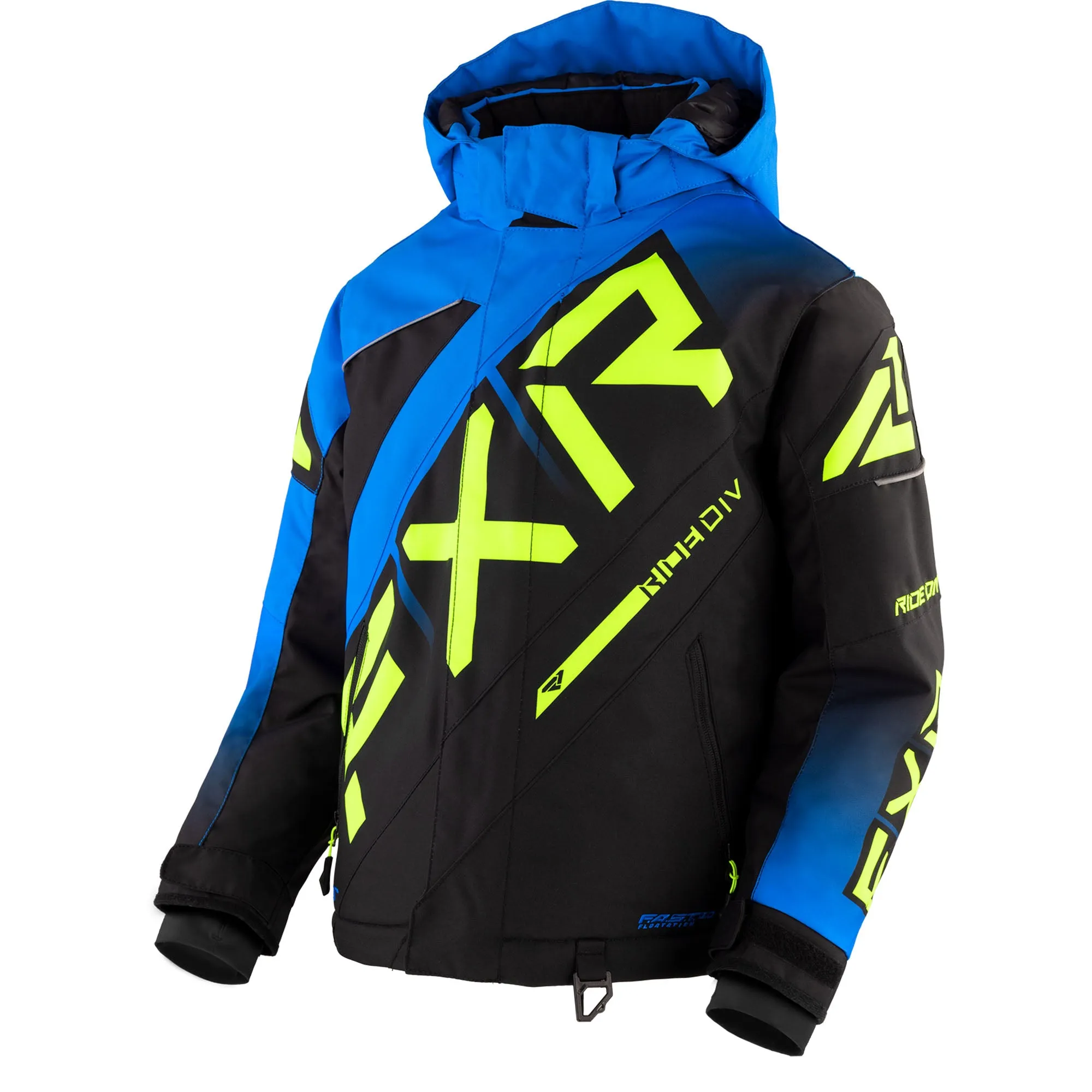 FXR  Child CX Snowmobile Jacket Winter HydrX Thermal YKK Blue Fade Black HiVis