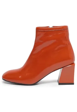 Glossy Block Heel Ankle Boots - Orange