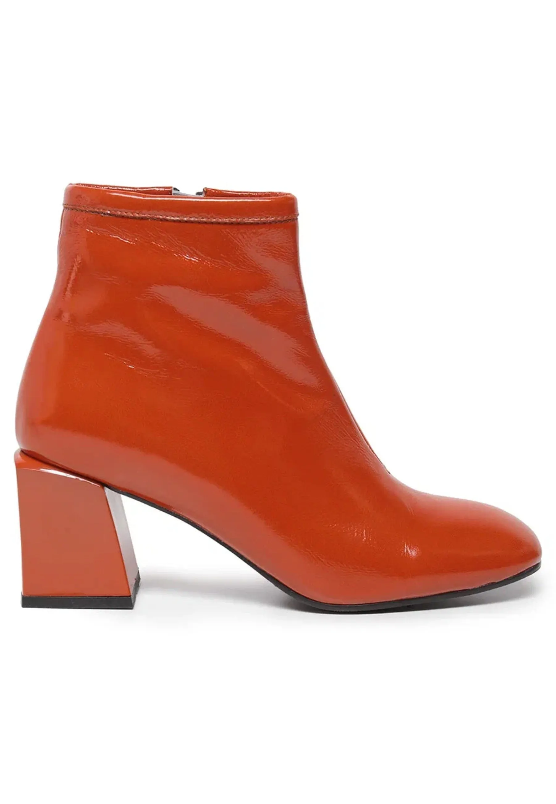 Glossy Block Heel Ankle Boots - Orange