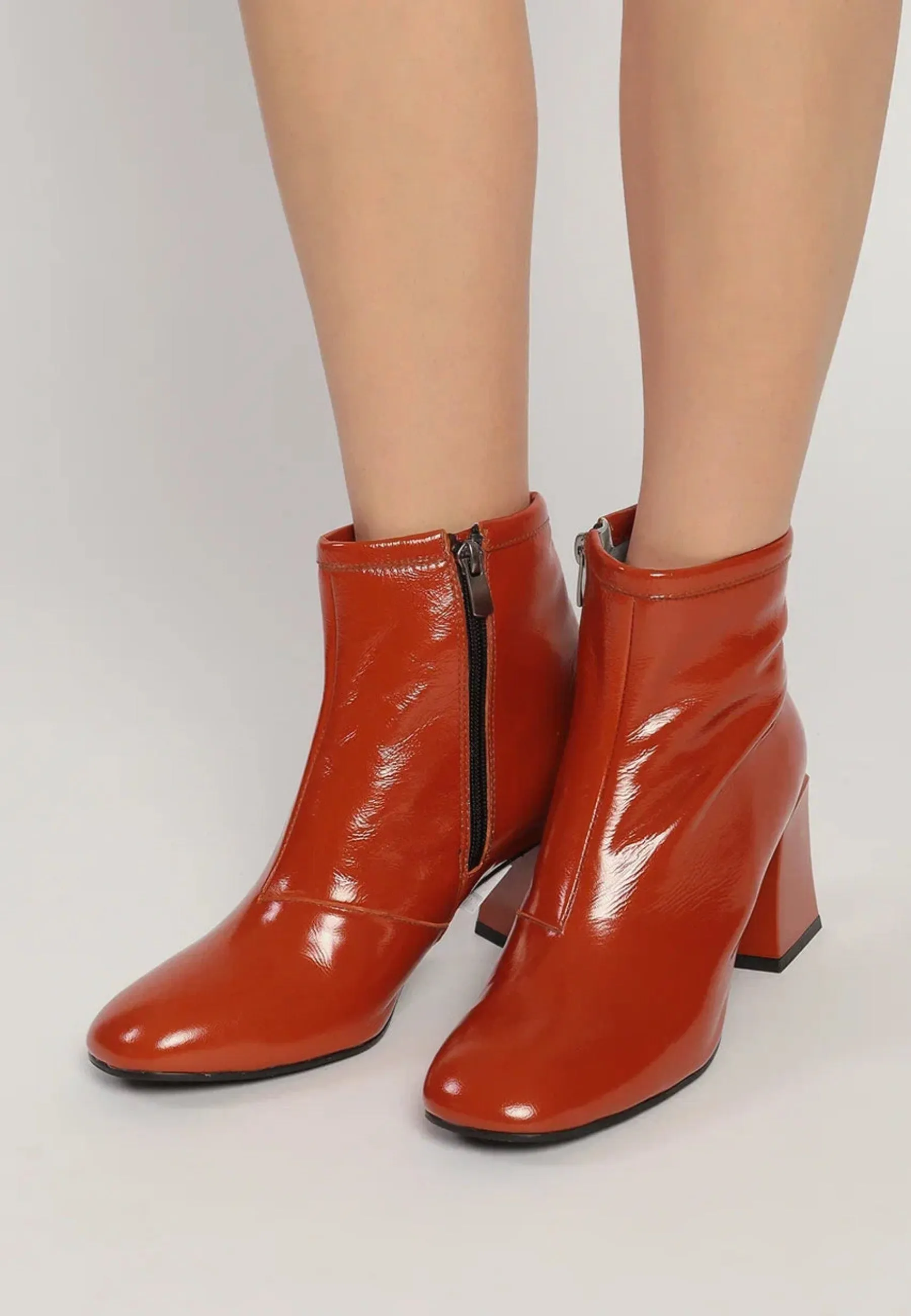 Glossy Block Heel Ankle Boots - Orange