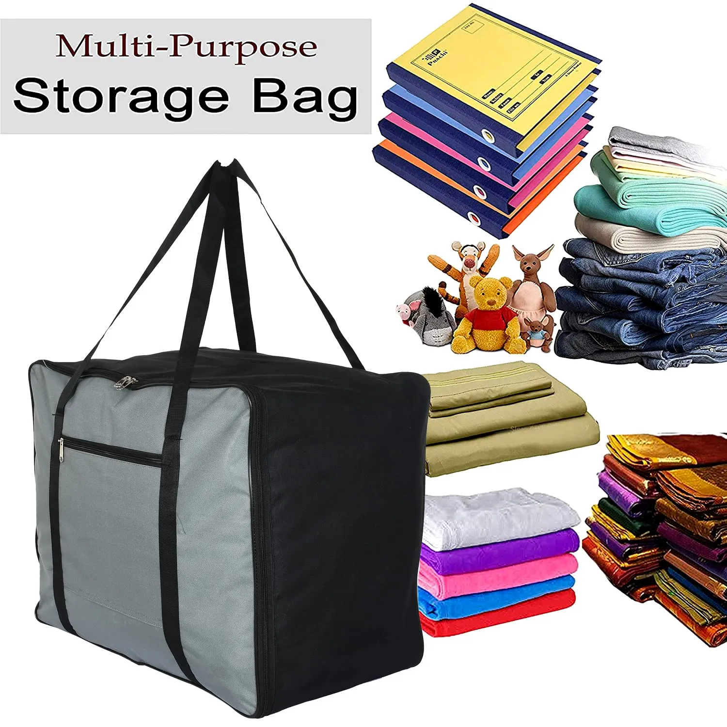 Heart Home Moisture Proof Multipurpose Storage Bag For Books, Magazine, Blankets, Clothes With Zipper & Handle (Black & Grey)-HS43HEARTH26629