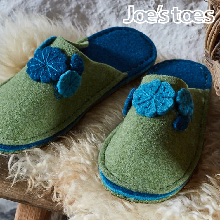 Joe's Toes Felt Flower Slippers in Green, Teal & Turquoise