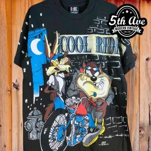 Looney Tunes Taz-Mania and Ralph Wolf Cool Rider - AOP all over print New Vintage Animation T shirt