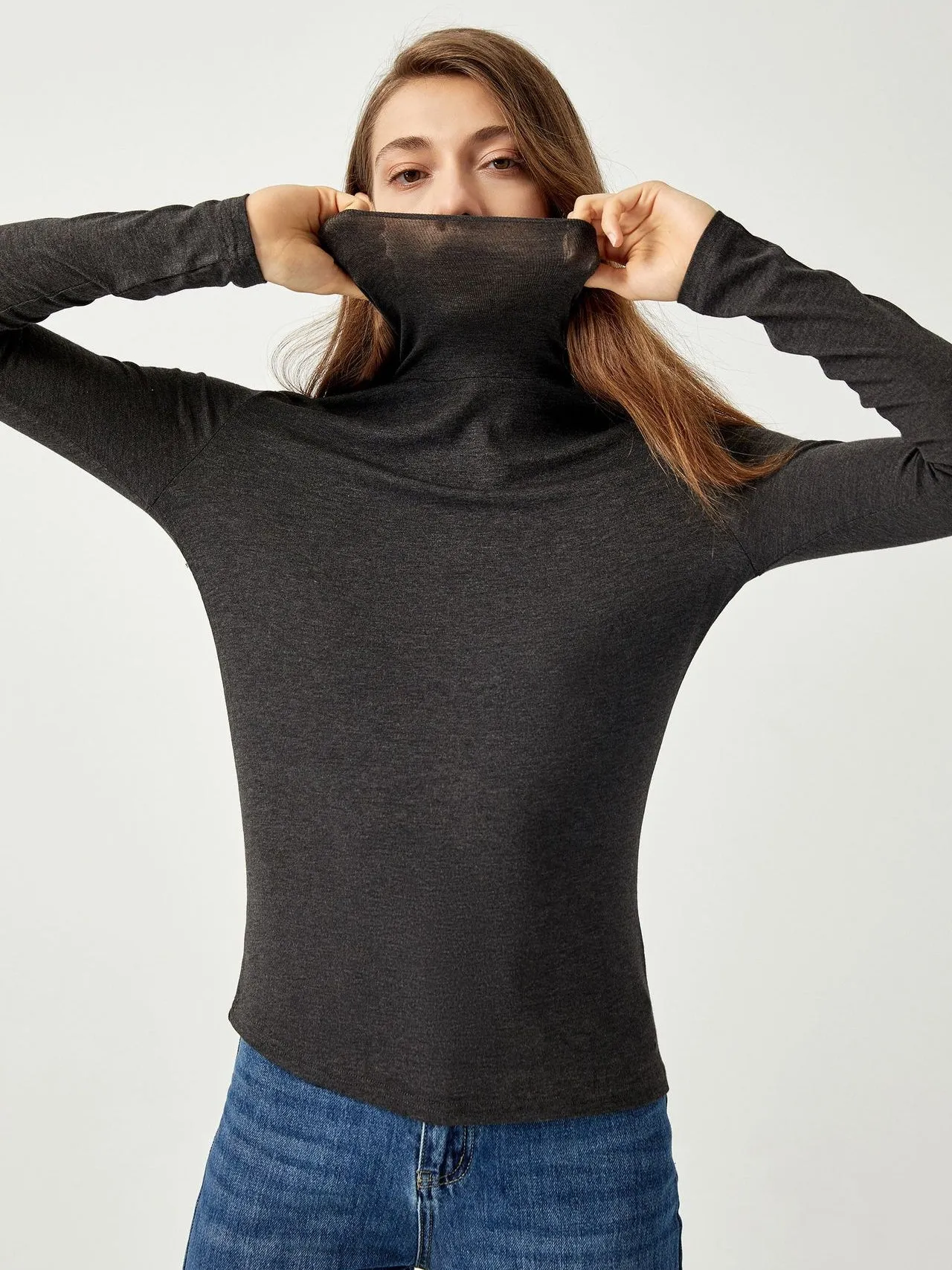 Meet Cozy Washed Black Knit Long Sleeve Turtleneck Sweater