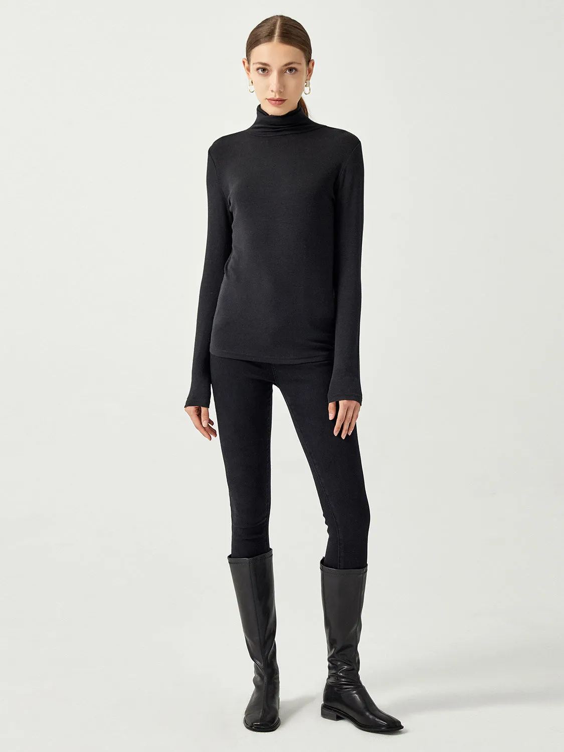 Meet Cozy Washed Black Knit Long Sleeve Turtleneck Sweater