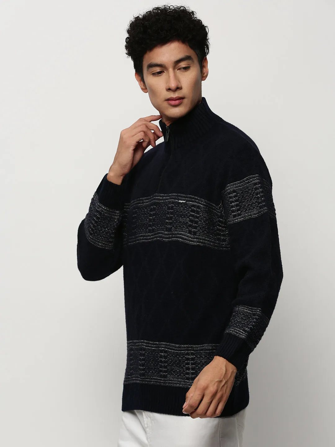 Men Navy Knitted Casual Sweaters