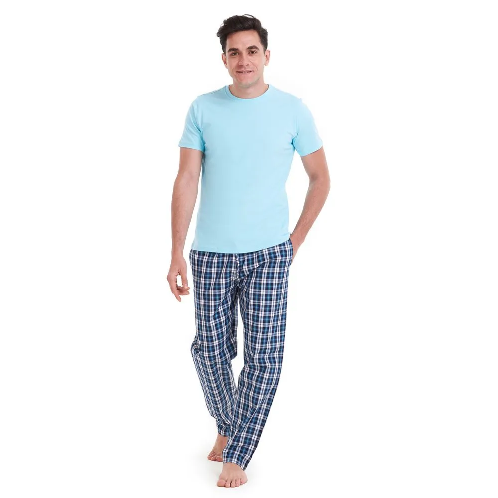 Men summer pajama set Aqua T-shirt   Turquoise x Black checkered pants