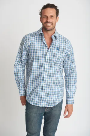 Mens Cotton Check Shirt Khaki/Blue Check