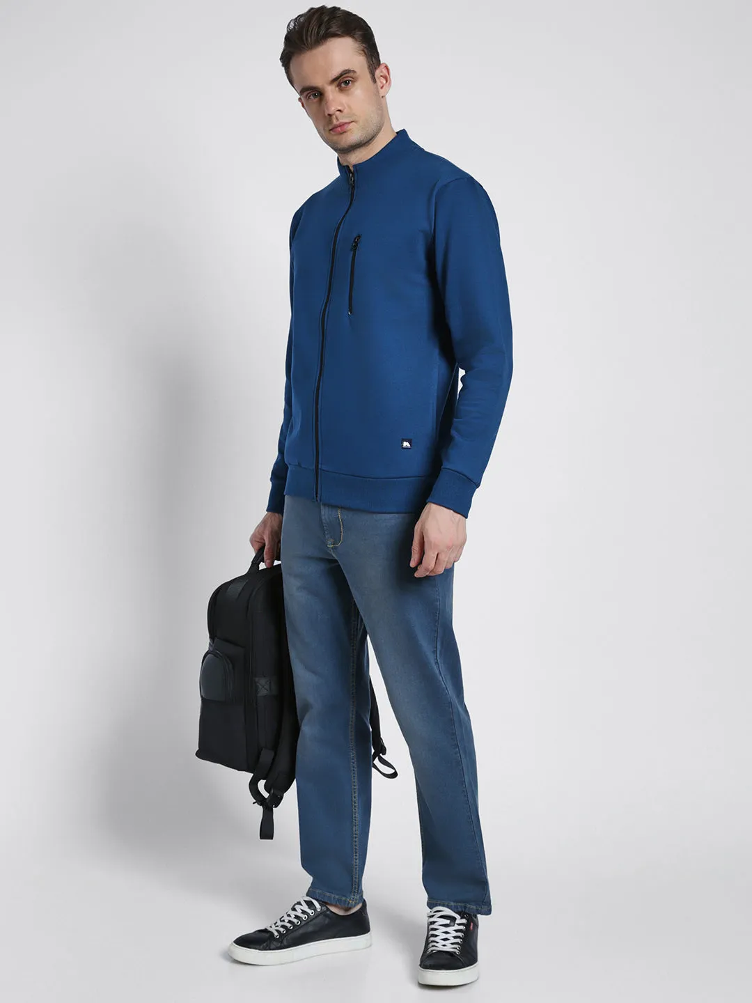 Men's Mock Neck Regular Fit Solid Blue Sweatshirt