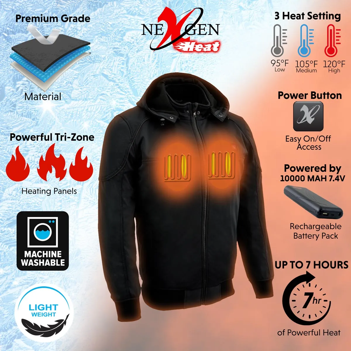 Nexgen Heat NXM1761SET Men’s Black Igniter 'Heated' Soft Shell Racing Style Motorcycle Heated Jacket w/ Battery