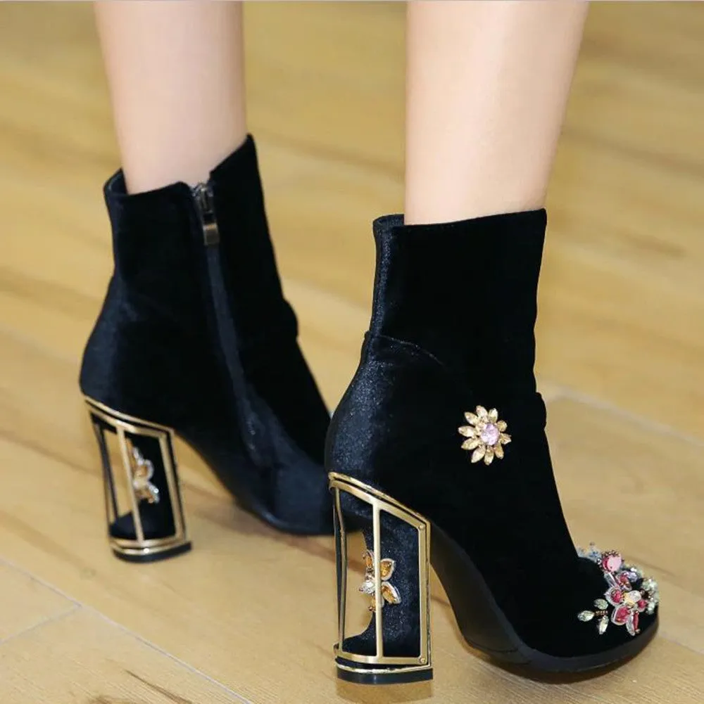 Novelty Handmade Velvet Ankle Booties with Rhinestone Floral Decoration