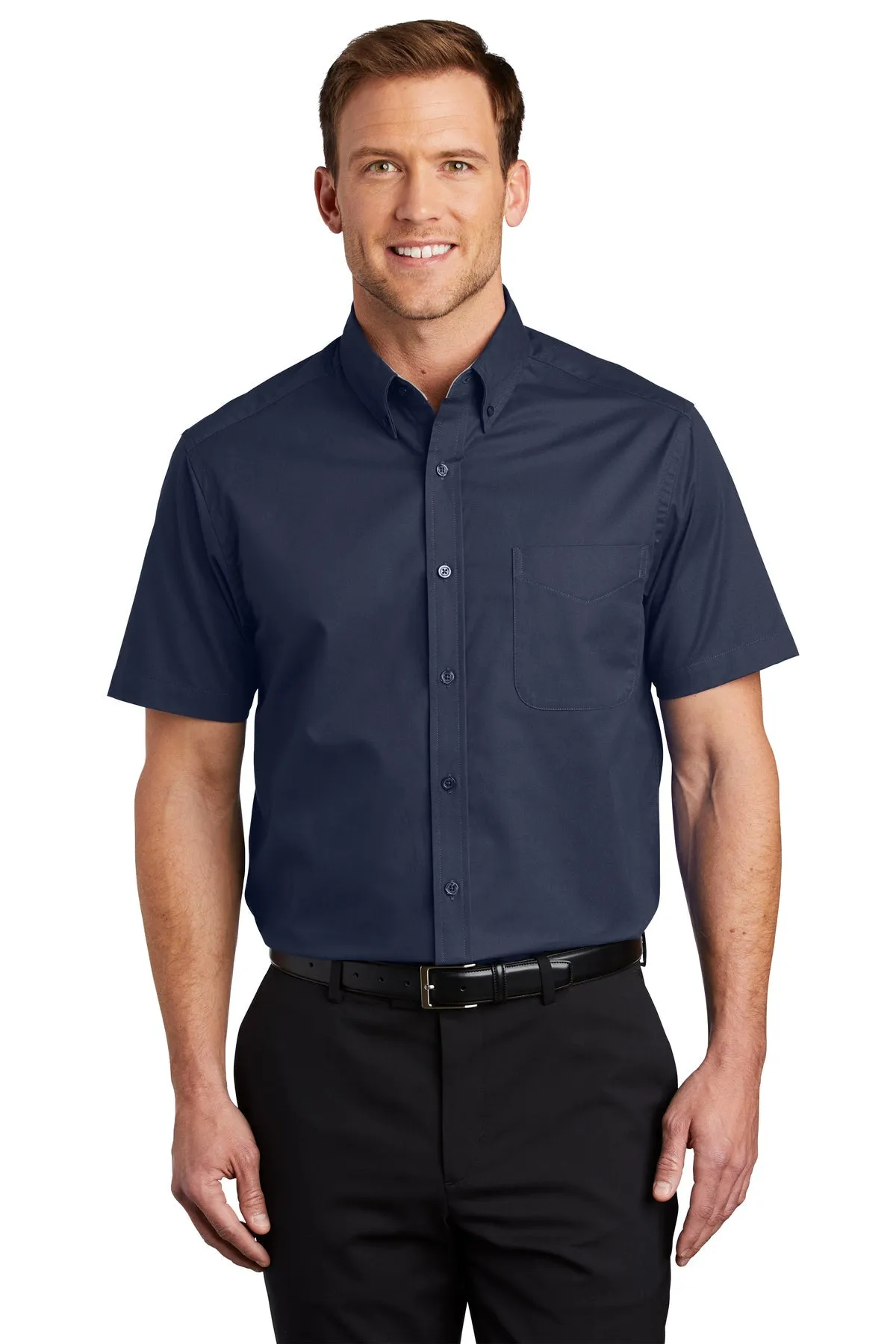 Port Authority Short Sleeve Easy Care Custom Shirts, Navy/Light Stone