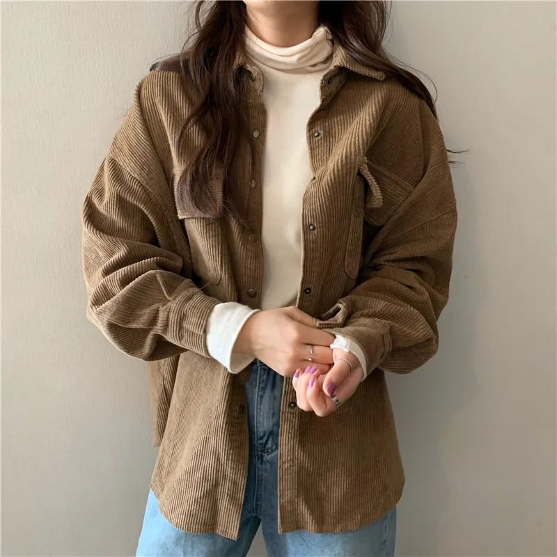 Purpdrank - Spring New Women Solid Corduroy Shirts Jackets Full Sleeve Turn-Down Collar Oversize Coats Casual Autumn Basic Outwear T0O901F