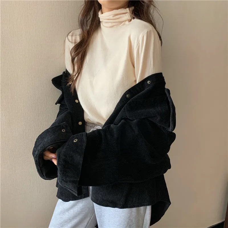 Purpdrank - Spring New Women Solid Corduroy Shirts Jackets Full Sleeve Turn-Down Collar Oversize Coats Casual Autumn Basic Outwear T0O901F