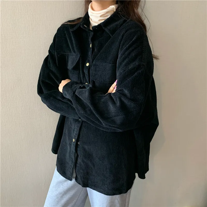 Purpdrank - Spring New Women Solid Corduroy Shirts Jackets Full Sleeve Turn-Down Collar Oversize Coats Casual Autumn Basic Outwear T0O901F