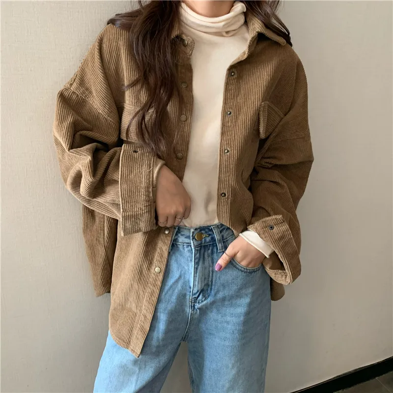 Purpdrank - Spring New Women Solid Corduroy Shirts Jackets Full Sleeve Turn-Down Collar Oversize Coats Casual Autumn Basic Outwear T0O901F