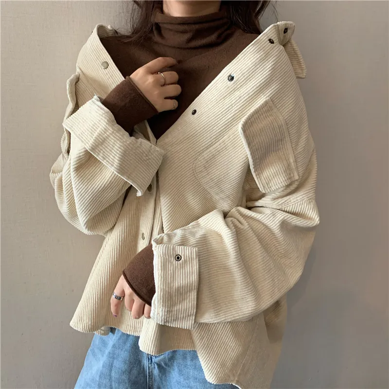 Purpdrank - Spring New Women Solid Corduroy Shirts Jackets Full Sleeve Turn-Down Collar Oversize Coats Casual Autumn Basic Outwear T0O901F