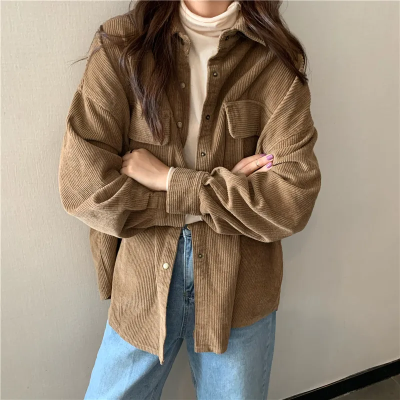 Purpdrank - Spring New Women Solid Corduroy Shirts Jackets Full Sleeve Turn-Down Collar Oversize Coats Casual Autumn Basic Outwear T0O901F