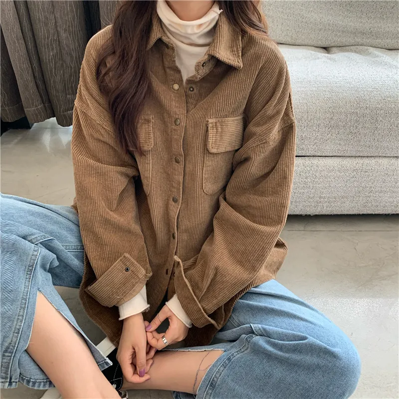 Purpdrank - Spring New Women Solid Corduroy Shirts Jackets Full Sleeve Turn-Down Collar Oversize Coats Casual Autumn Basic Outwear T0O901F