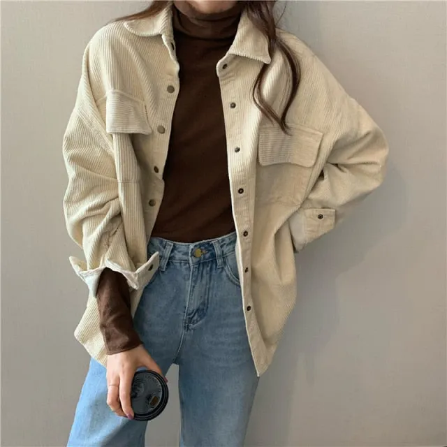 Purpdrank - Spring New Women Solid Corduroy Shirts Jackets Full Sleeve Turn-Down Collar Oversize Coats Casual Autumn Basic Outwear T0O901F