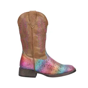 Rainbow Glitter Square Toe Cowboy Boots (Little Kid)