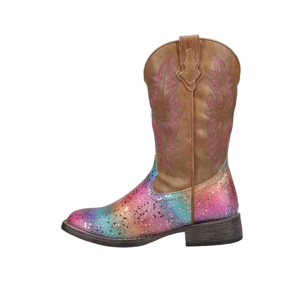 Rainbow Glitter Square Toe Cowboy Boots (Little Kid)