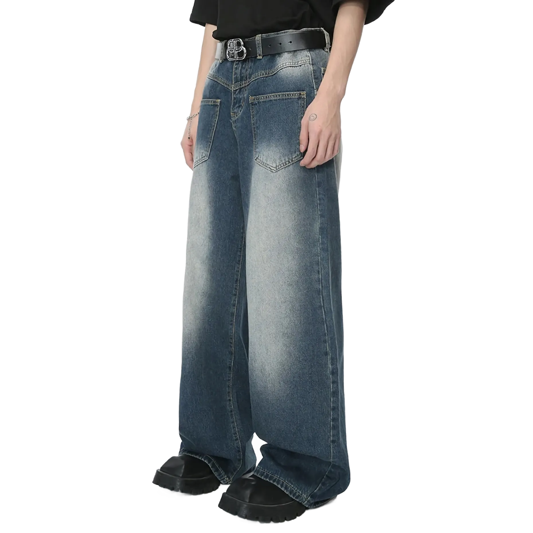 Reverse Pocket Vintage Faded Straight-Leg Jeans