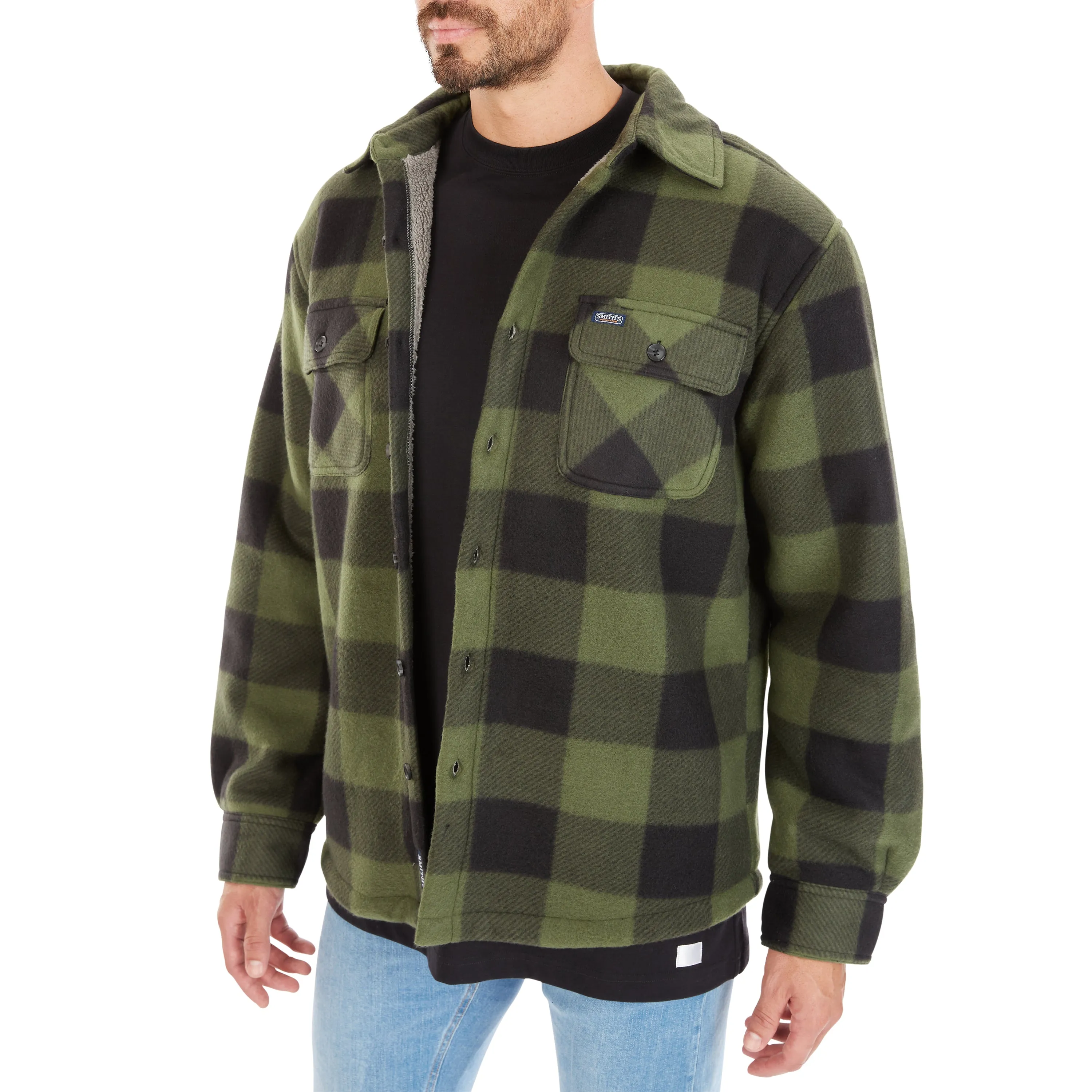 SHERPA-LINED PLAID FLEECE SHIRT JACKET