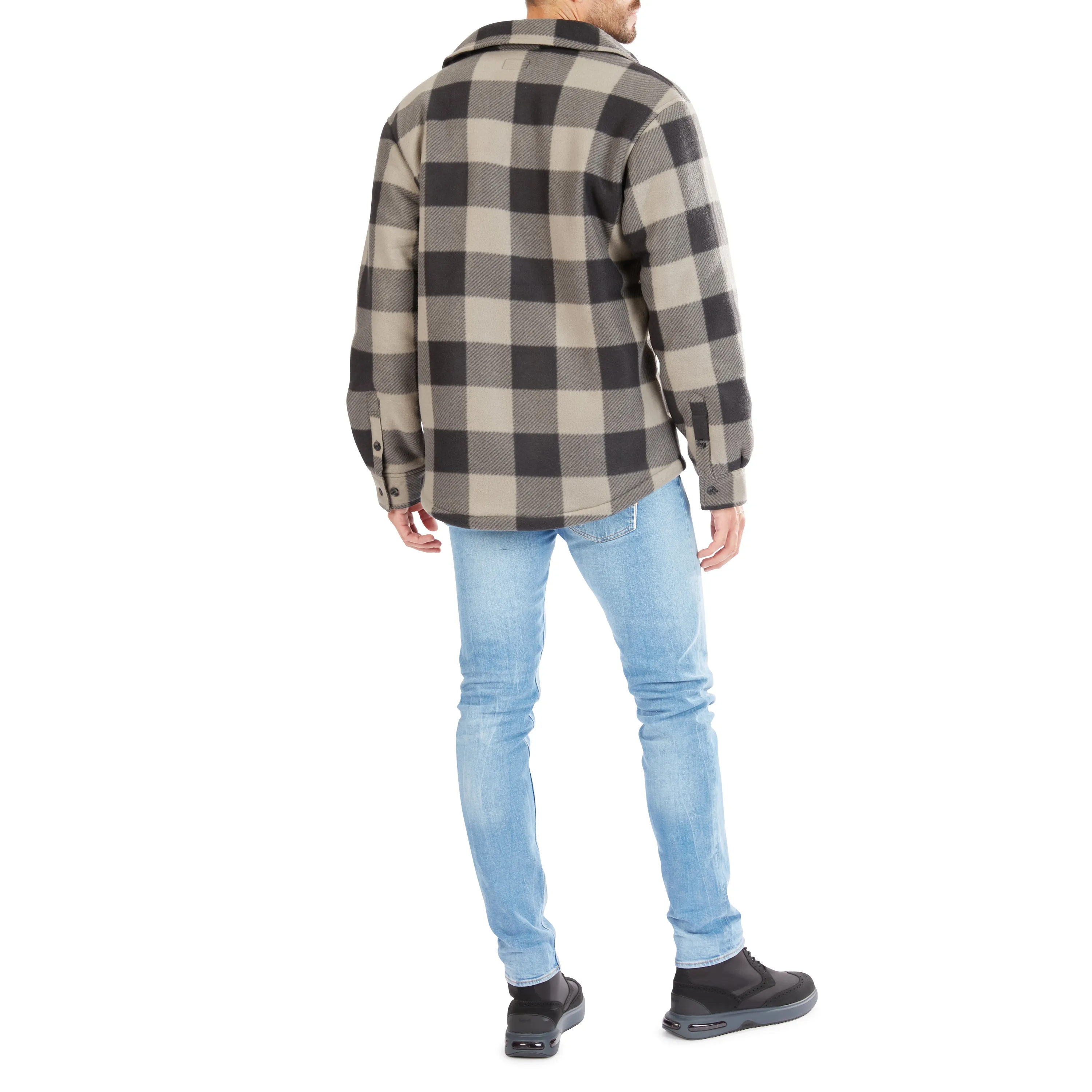 SHERPA-LINED PLAID FLEECE SHIRT JACKET