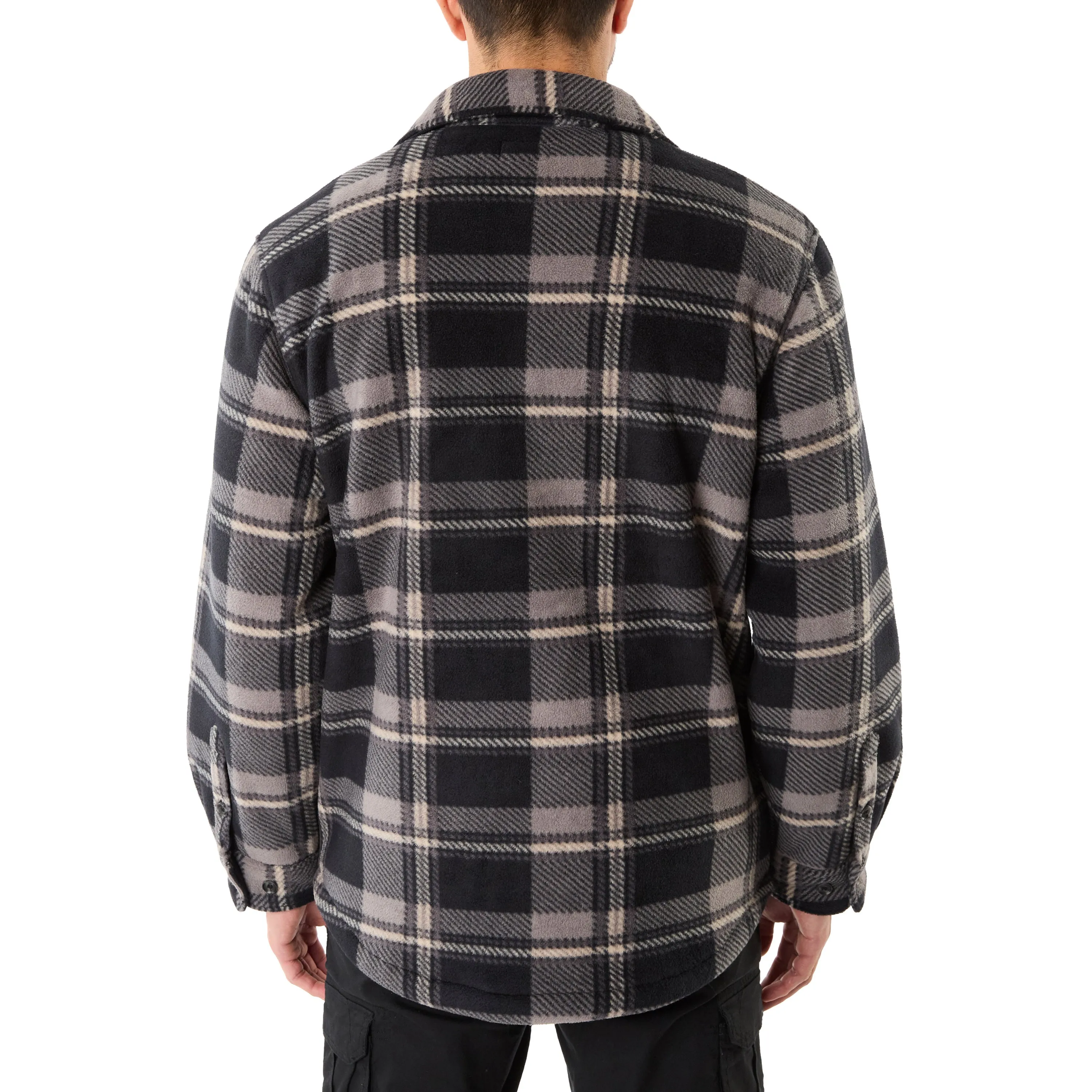 SHERPA-LINED PLAID FLEECE SHIRT JACKET