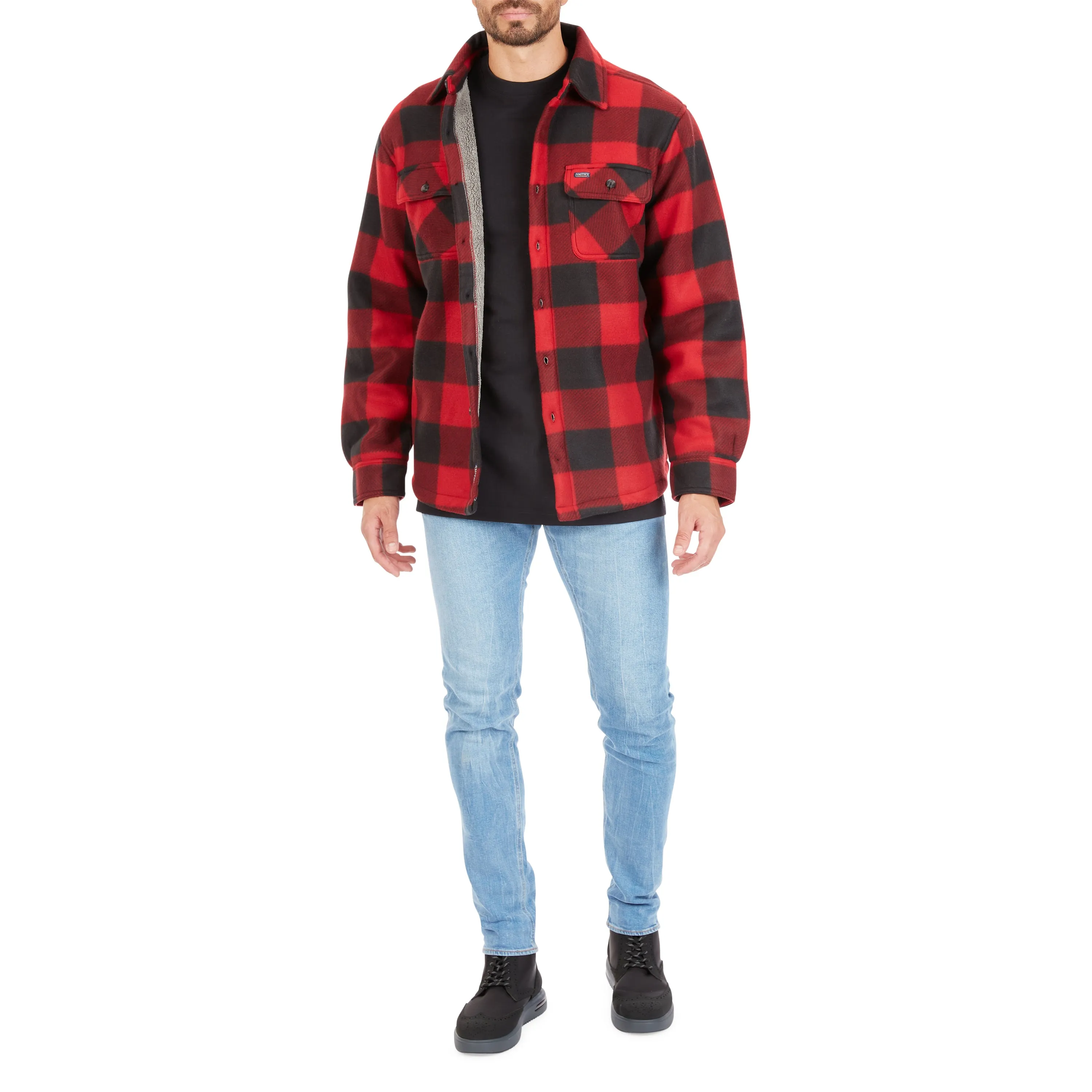 SHERPA-LINED PLAID FLEECE SHIRT JACKET