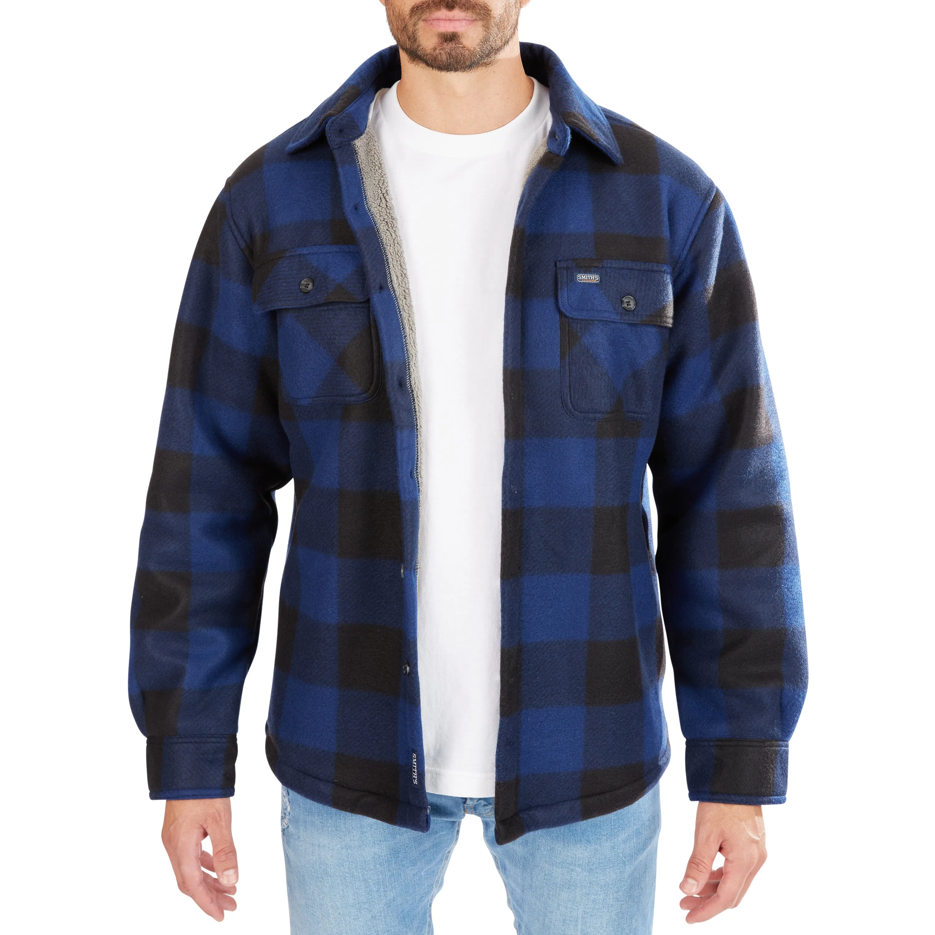 SHERPA-LINED PLAID FLEECE SHIRT JACKET