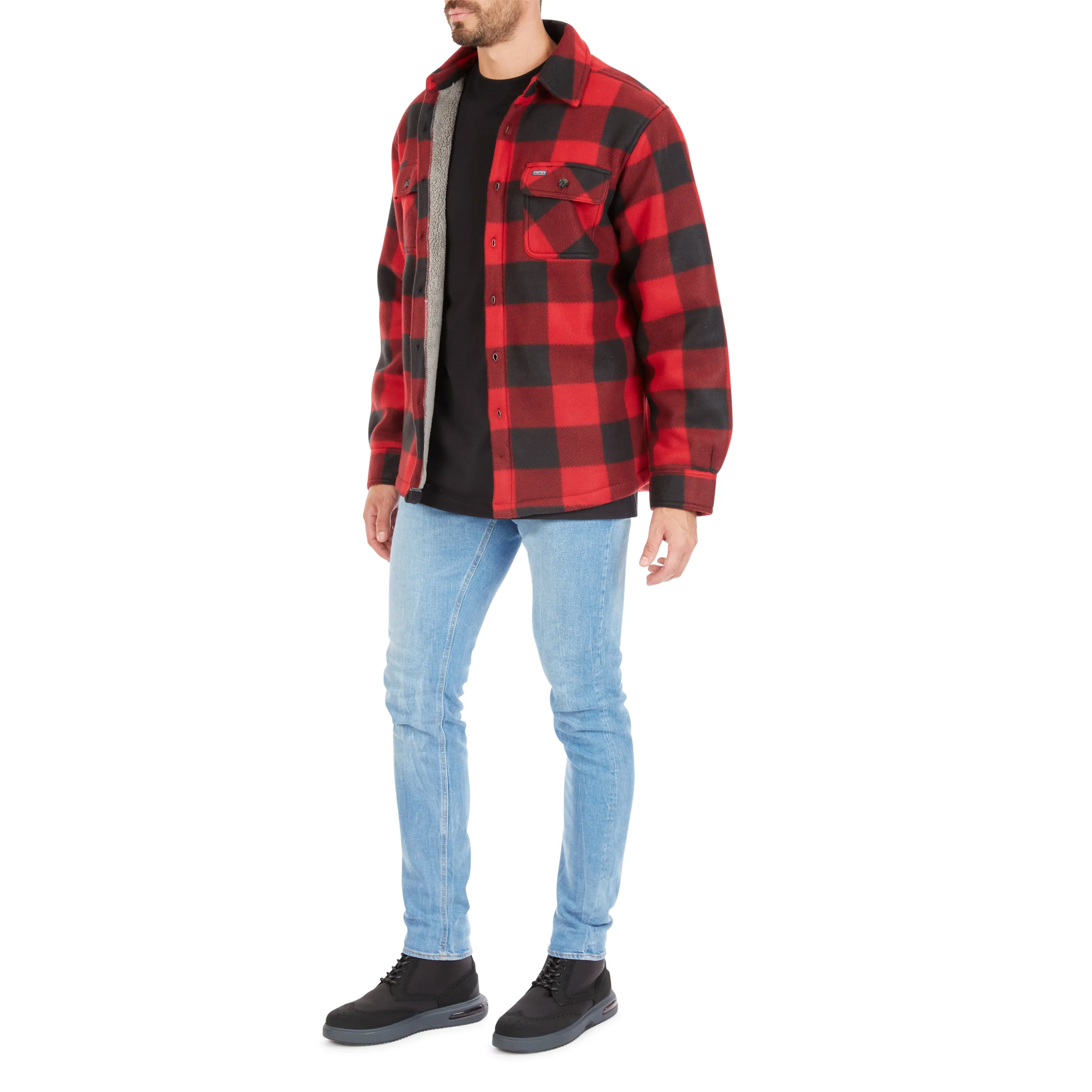 SHERPA-LINED PLAID FLEECE SHIRT JACKET