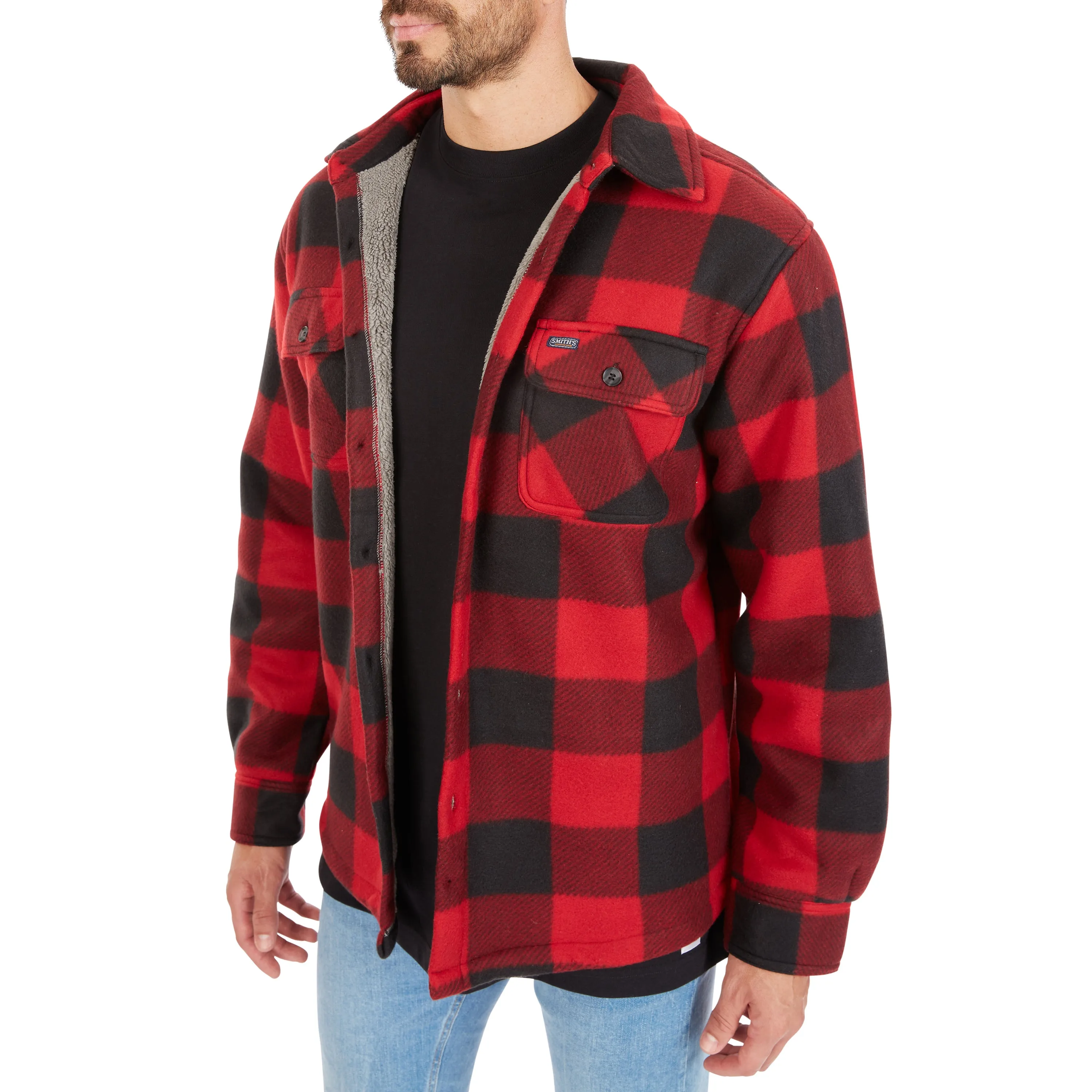 SHERPA-LINED PLAID FLEECE SHIRT JACKET