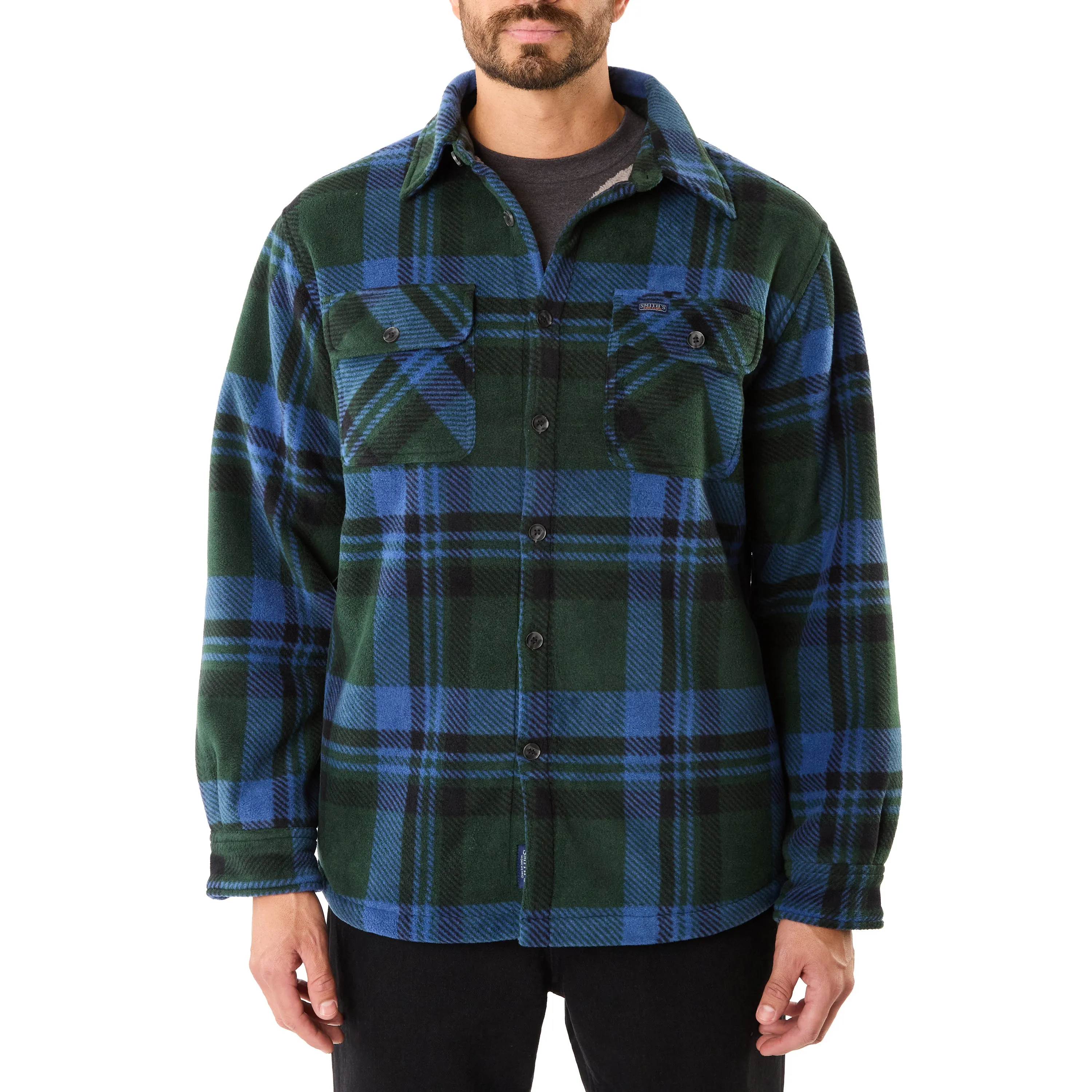 SHERPA-LINED PLAID FLEECE SHIRT JACKET