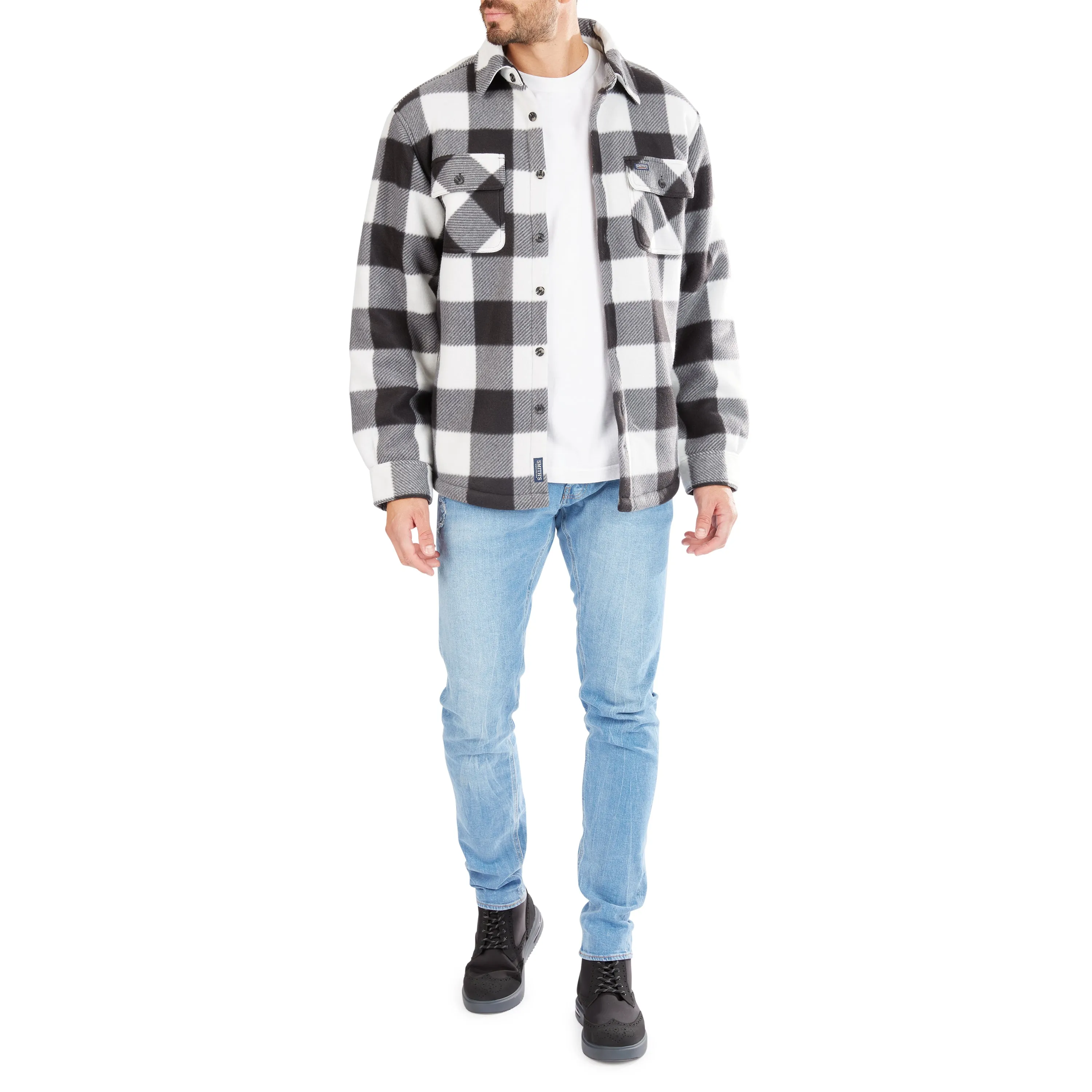 SHERPA-LINED PLAID FLEECE SHIRT JACKET