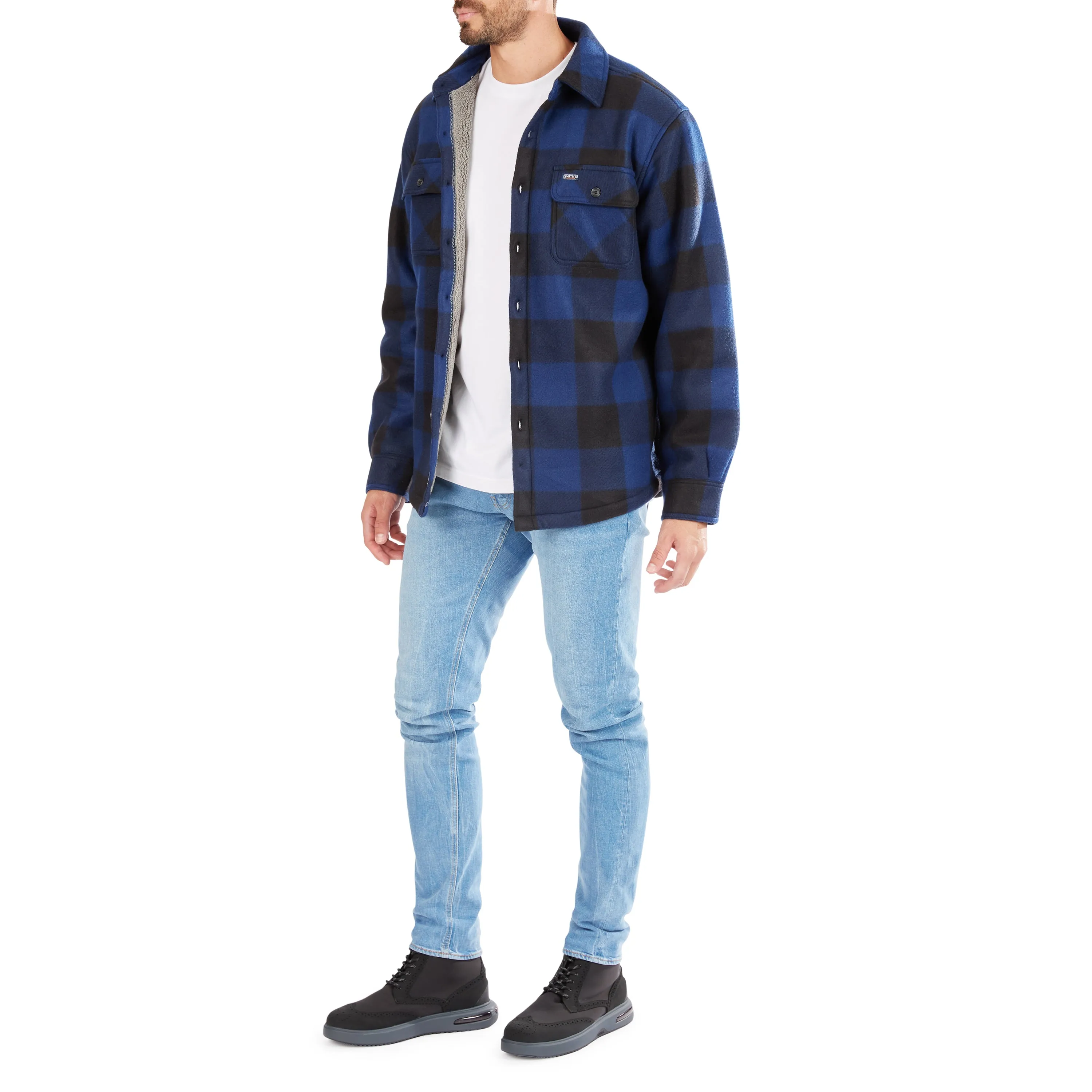 SHERPA-LINED PLAID FLEECE SHIRT JACKET