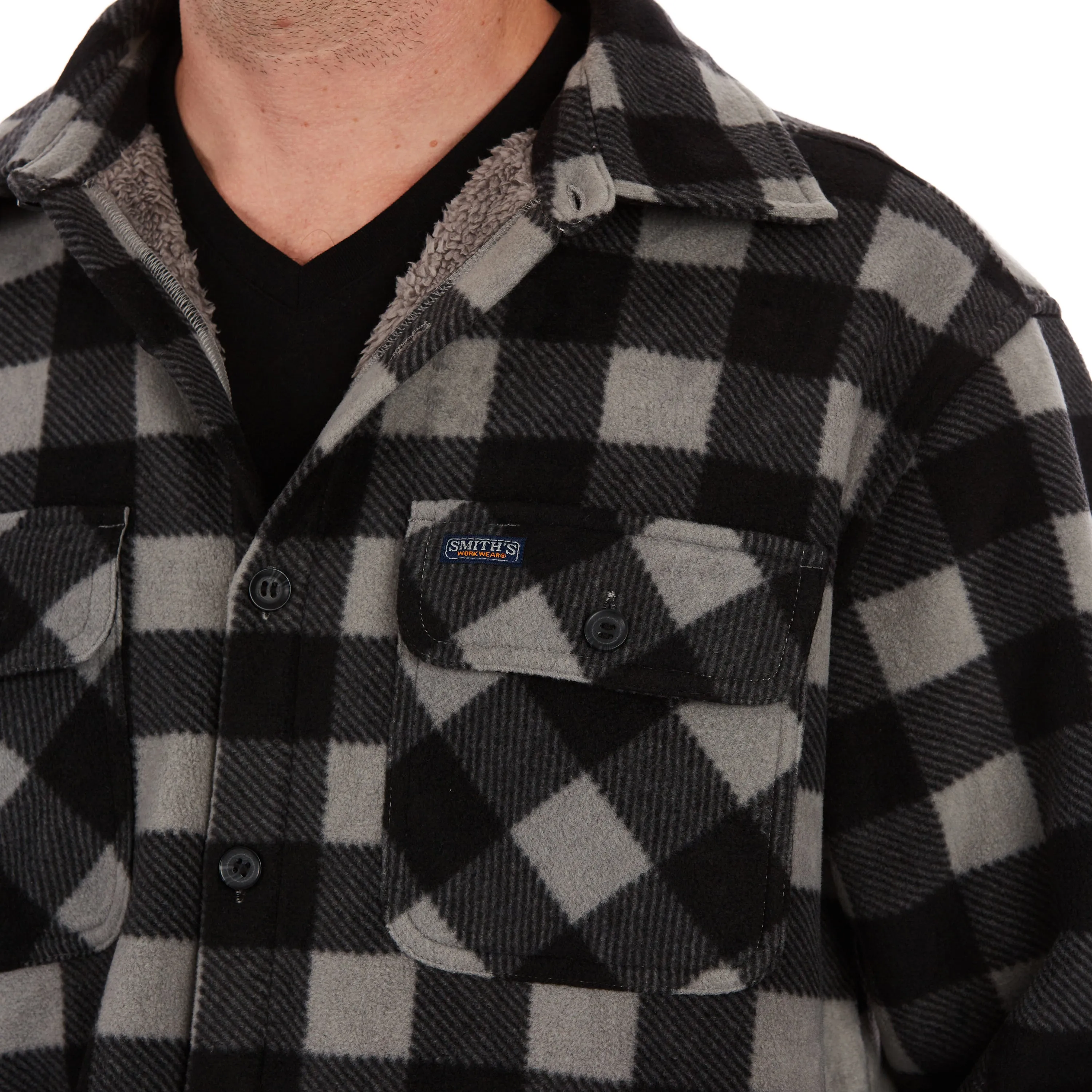 SHERPA-LINED PLAID FLEECE SHIRT JACKET