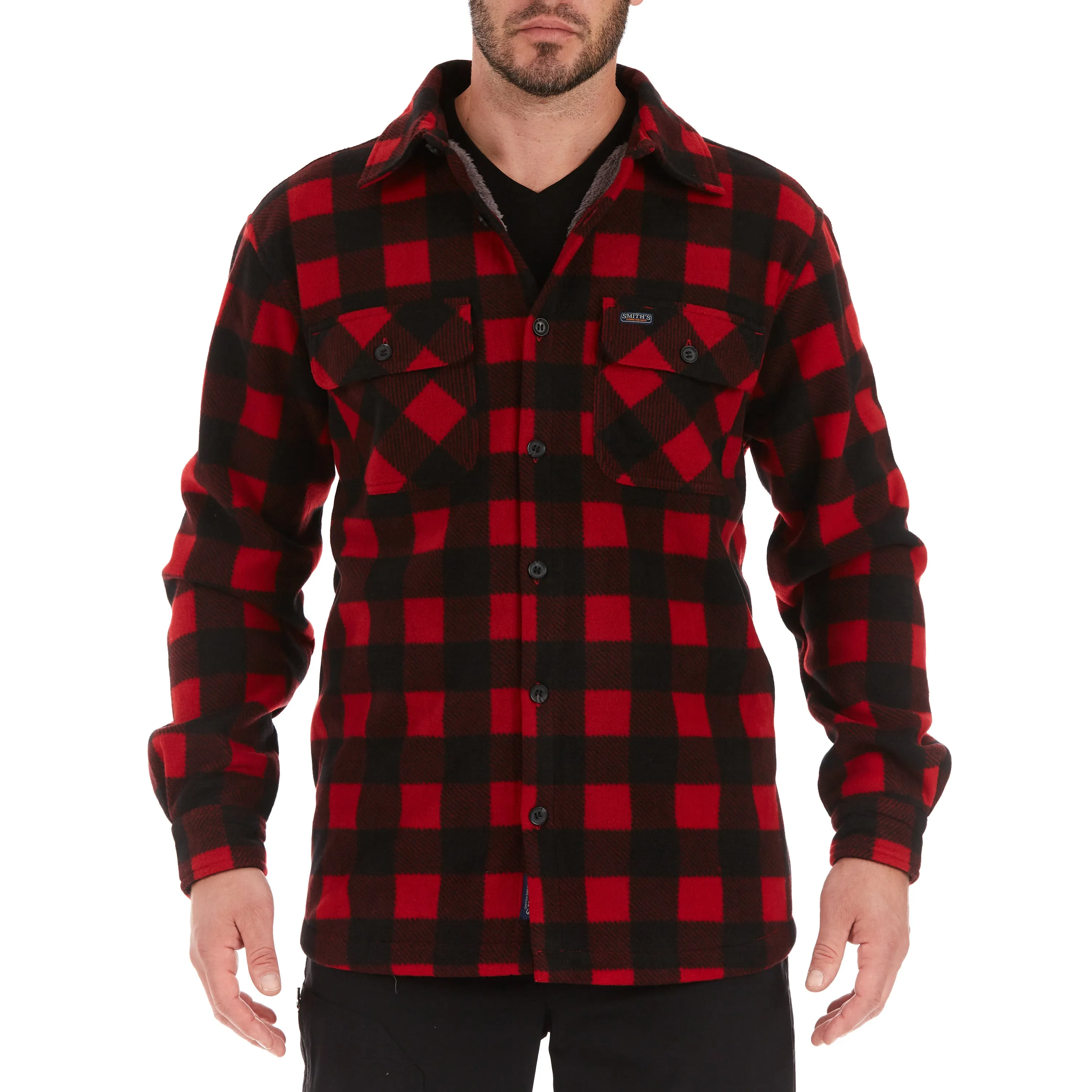 SHERPA-LINED PLAID FLEECE SHIRT JACKET