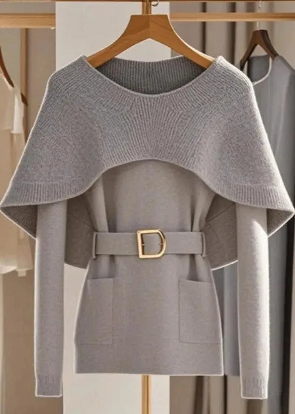 Sophisticated Women's Gray Cape Sweater: Cozy Fall and Winter Essential