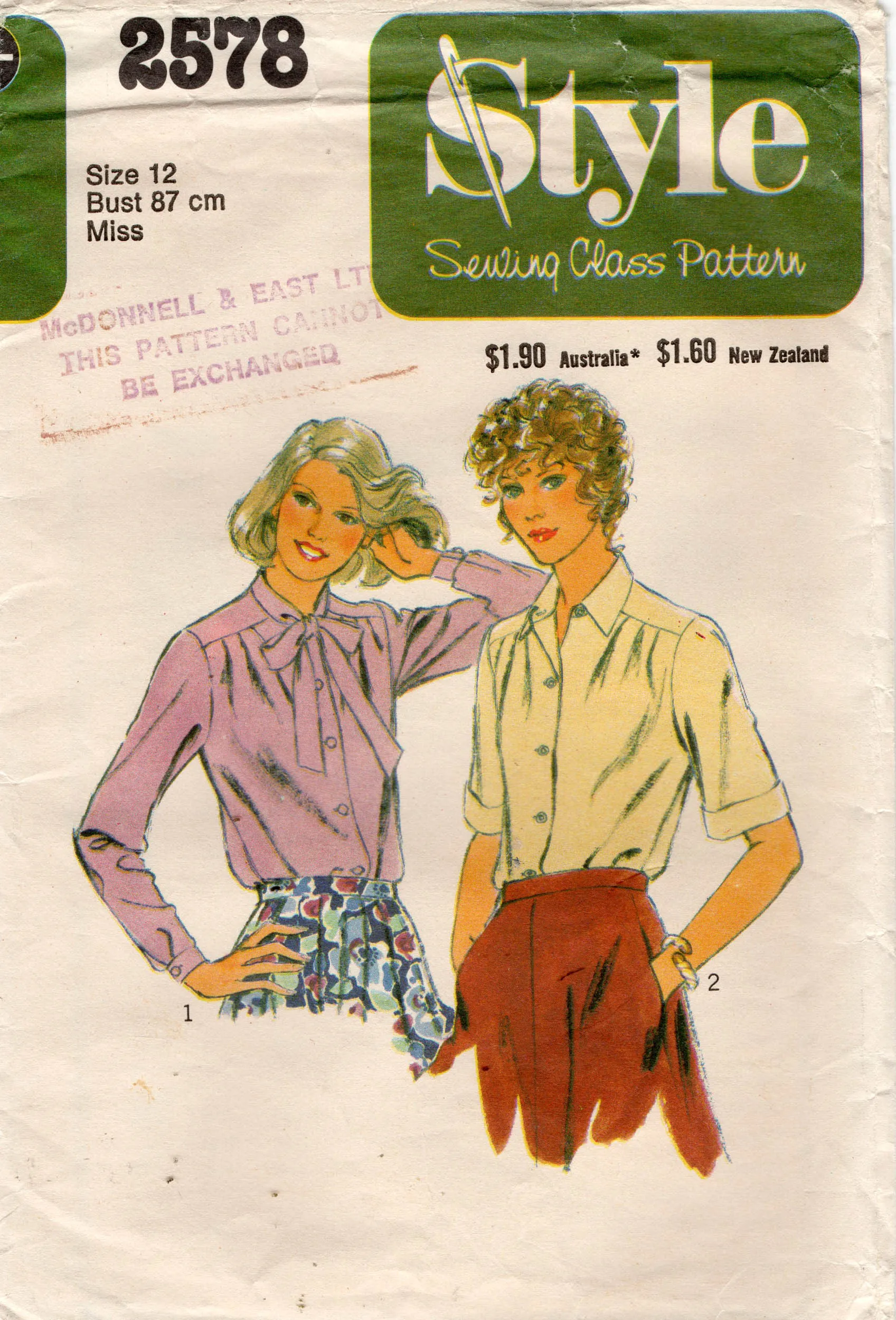 Style 2578 Womens Pleated Shoulder Shirt with Optional Neck Tie 1970s Vintage Sewing Pattern Size 12 Bust 34 Inches