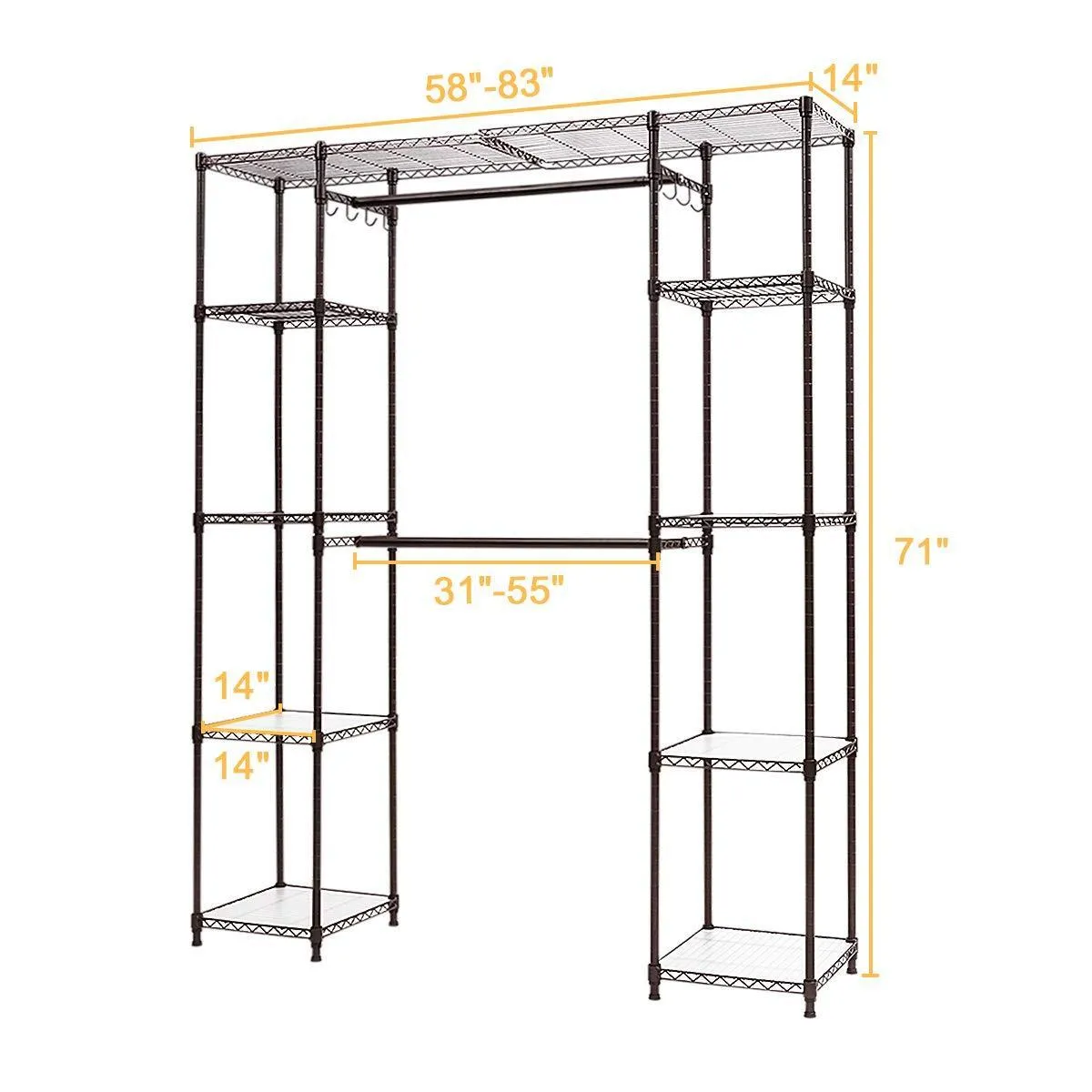 Tangkula Garment Rack Portable Adjustable Expandable Closet Storage Organizer System Home Bedroom Closet Shelves Clothes Wardrobe (Coffee)