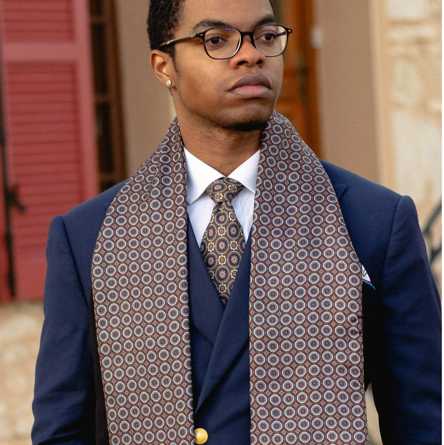 Trastevere - Wool Backed Silk Scarf - Burgundy and Blue